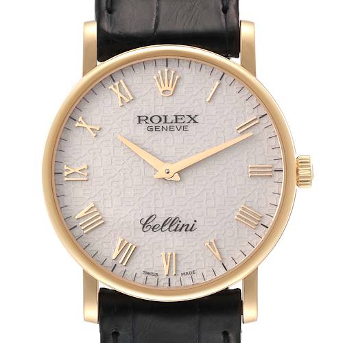 The Rolex Cellini 5115/8 Men's Yellow Gold Beige Dial 5115/8 Men's Yellow Gold Beige Dial watch is shown from the front, displaying its dial, hands, crown, and strap.