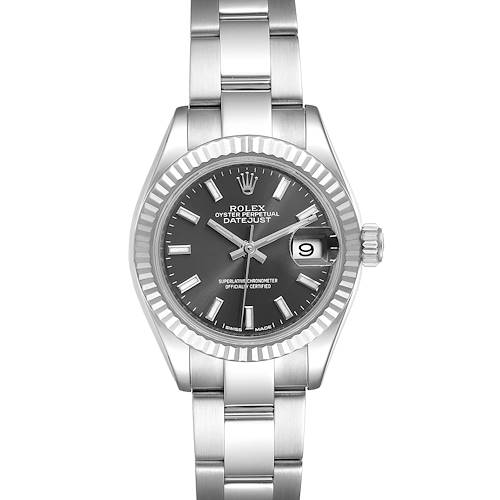 This image shows a front view of a Rolex Datejust 279174 Women's Stainless Steel Grey Dial 279174 Women's Stainless Steel Grey Dial watch, highlighting the face, bezel, crown, and part of the bracelet.