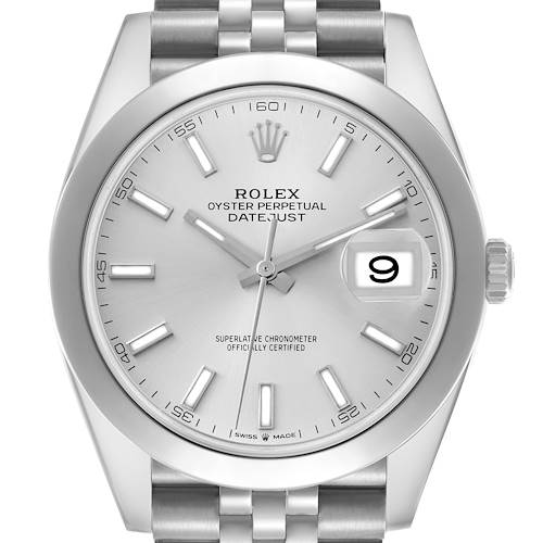 The Rolex Datejust 41 126300 Men's Stainless Steel Silver Dial 126300 Men's Stainless Steel Silver Dial is shown from a front view, highlighting the dial, hour markers, and date window.