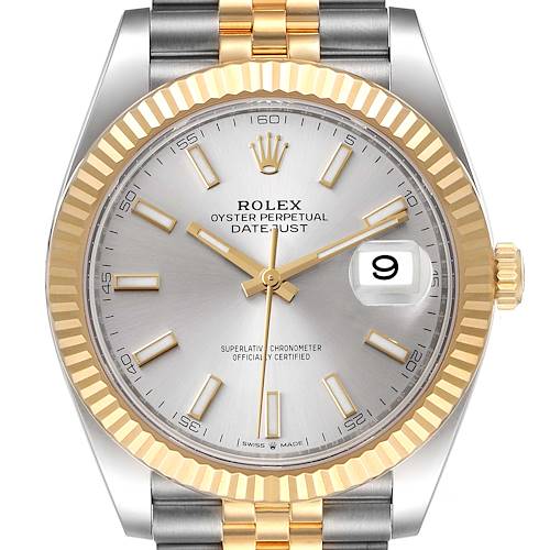 The image shows a frontal view of the Rolex Datejust 41 126333 Men's Steel and Gold (two tone) Silver Dial 126333 Men's Steel and Gold (two tone) Silver Dial watch, highlighting its silver and gold dial, fluted bezel, and bracelet.