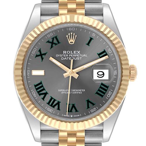 The Rolex Datejust 41 126333 Men's Steel and Gold (two tone) Grey Dial 126333 Men's Steel and Gold (two tone) Grey Dial is shown from a front angle, highlighting the dial, bezel, and part of the bracelet.