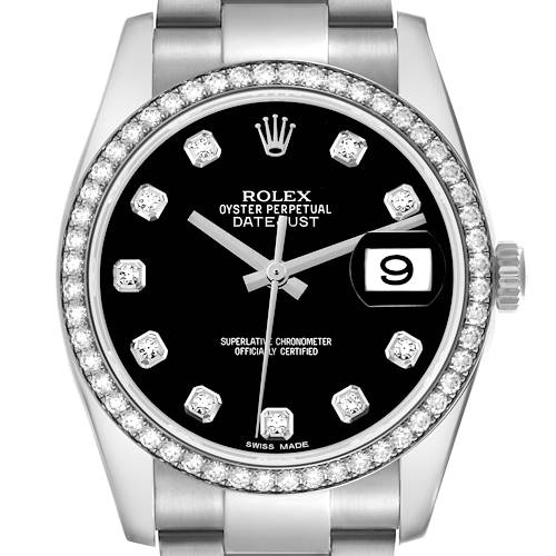 The Rolex Datejust 116244 Men's Stainless Steel Black Dial 116244 Men's Stainless Steel Black Dial is shown from a front view, featuring a diamond bezel, black dial, and an oyster bracelet.