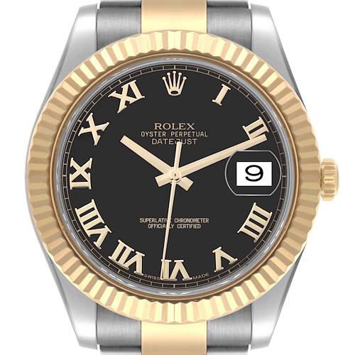 The Rolex Datejust 41 116333 Men's Steel and Gold (two tone) Black Dial 116333 Men's Steel and Gold (two tone) Black Dial is shown from a frontal angle, highlighting the bezel, dial, hands, and date window.