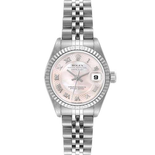This image shows a Rolex Datejust 79174 Women's Steel and Gold (two tone) Mother of Pearl Dial 79174 Women's Steel and Gold (two tone) Mother of Pearl Dial watch from a front angle, featuring its dial, bezel, bracelet, and date display.