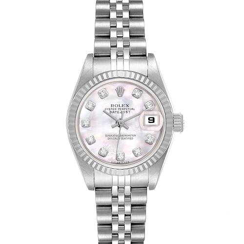 The image shows a front view of a Rolex Datejust 79174 Women's Stainless Steel Mother of Pearl Dial 79174 Women's Stainless Steel Mother of Pearl Dial watch, showcasing the dial, bezel, bracelet, and date display.