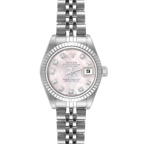 The image shows a front view of a Rolex Datejust 79174 Women's Stainless Steel Mother of Pearl Dial 79174 Women's Stainless Steel Mother of Pearl Dial watch, displaying the dial, bezel, crown, and part of the bracelet.