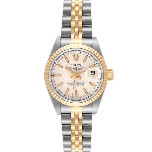 This image shows a frontal view of a Rolex Datejust 69173 Women's Steel and Gold (two tone) Beige Dial 69173 Women's Steel and Gold (two tone) Beige Dial watch, displaying the dial, bezel, and part of the bracelet.