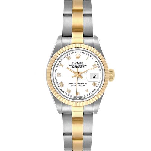 The Rolex Datejust 69173 Women's Steel and Gold (two tone) White Dial 69173 Women's Steel and Gold (two tone) White Dial watch is shown from a top-down angle, displaying the face, bezel, and two-tone bracelet.