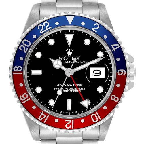 The Rolex GMT-Master 16700 Men's Stainless Steel Black Dial 16700 Men's Stainless Steel Black Dial watch is shown from the front, displaying the bezel, dial, hands, and date window.