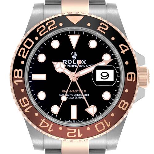 The Rolex GMT-Master 126711CHNR Men's Steel and Gold (two tone) Black Dial 126711CHNR Men's Steel and Gold (two tone) Black Dial watch is shown from a front angle, highlighting the dial, bezel, and part of the bracelet.