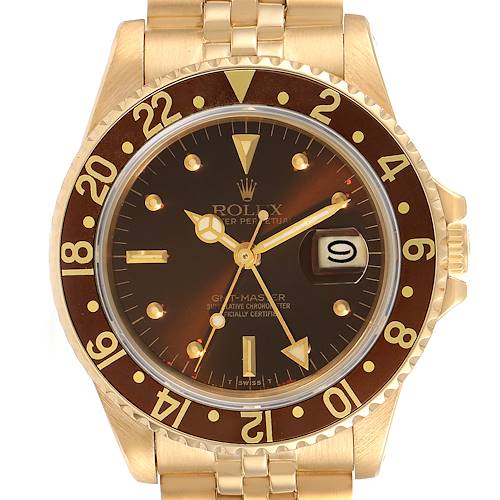 This image shows the front view of the Rolex GMT-Master 16758 Men's Yellow Gold Brown Dial 16758 Men's Yellow Gold Brown Dial watch, featuring the dial, bezel, crown, and part of the bracelet.
