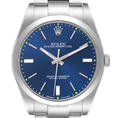 The Rolex Oyster Perpetual 114300 Men's Stainless Steel Blue Dial 114300 Men's Stainless Steel Blue Dial watch is shown from a front angle, displaying the dial, markers, hands, case, and part of the bracelet.