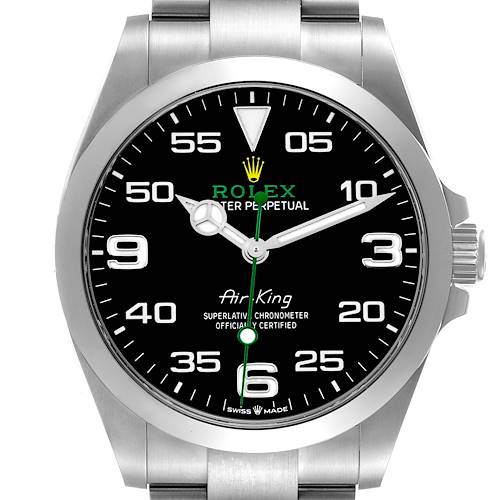 The Rolex Air-King 126900 Men's Stainless Steel Black Dial 126900 Men's Stainless Steel Black Dial watch is shown from the front, displaying the dial, bezel, crown, and part of the bracelet.