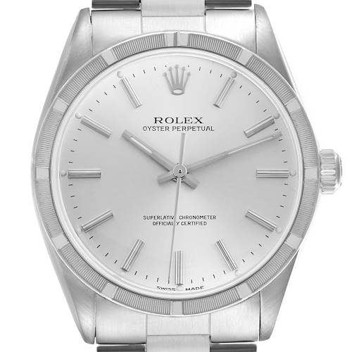 The Rolex Oyster Perpetual 1007 Men's Stainless Steel Silver Dial 1007 Men's Stainless Steel Silver Dial watch is shown from a front angle, highlighting the dial, bezel, crown, and part of the bracelet.