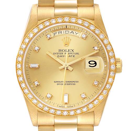 The Rolex President 18348 Men's Yellow Gold Champagne Dial 18348 Men's Yellow Gold Champagne Dial model is shown from a top view, featuring the gold dial, diamond-studded bezel, and band.
