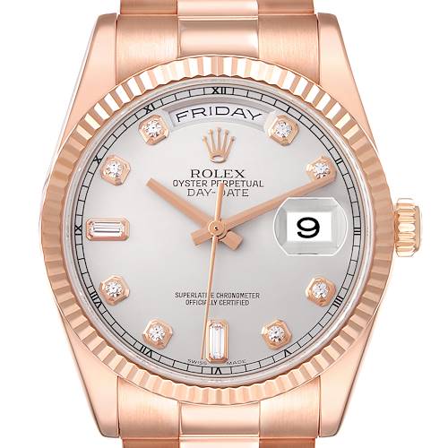 The Rolex President 118235 Men's Rose Gold Silver Dial 118235 Men's Rose Gold Silver Dial model is shown from the front, displaying its dial, hands, fluted bezel, and bracelet.