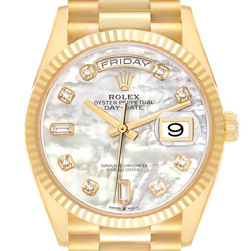 The Rolex President 128238 Men's Yellow Gold Mother of Pearl Dial 128238 Men's Yellow Gold Mother of Pearl Dial model is shown from the front, displaying the dial, day, date, and bezel in a close-up view.