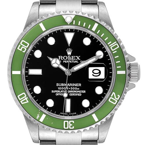 The image shows a front view of a Rolex Submariner 16610LV Men's Stainless Steel Black Dial 16610LV Men's Stainless Steel Black Dial watch, highlighting the green bezel, black dial, and date window.