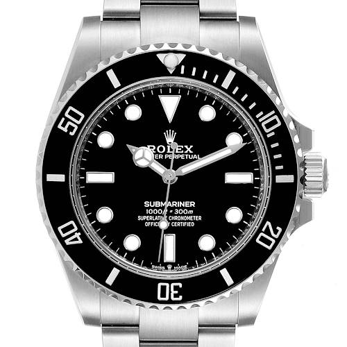This image displays a front view of the Rolex Submariner 124060 Men's Stainless Steel Black Dial 124060 Men's Stainless Steel Black Dial watch, showing its dial, bezel, and part of the bracelet.