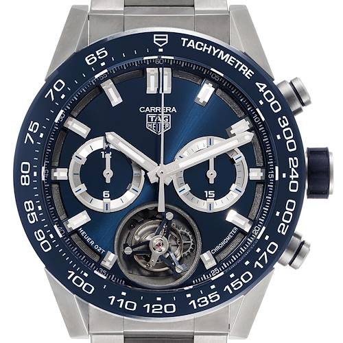 The image shows a frontal view of a Tag Heuer Carrera CAR5A8C.BF0707 Men's Titanium Blue Dial CAR5A8C.BF0707 Men's Titanium Blue Dial watch, highlighting its blue dial, chronograph subdials, and tachymeter bezel.