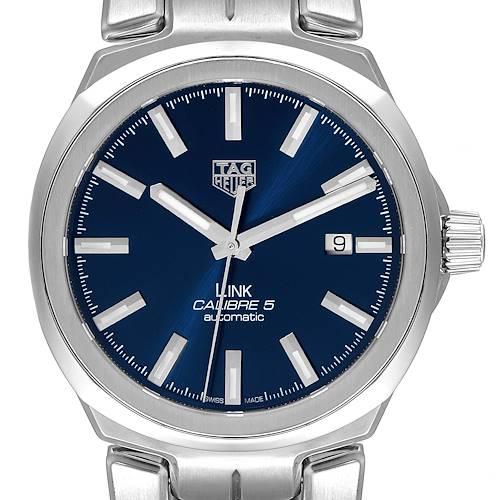 This Tag Heuer Link WBC2112.BA0603 Men's Stainless Steel Blue Dial WBC2112.BA0603 Men's Stainless Steel Blue Dial watch is shown from the front, featuring the dial, hands, indices, brand logo, and date window.