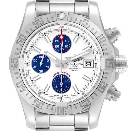 The Breitling Avenger A13381 Men's Stainless Steel White Dial A13381 Men's Stainless Steel White Dial watch is shown from a front angle, highlighting the bezel, dial, sub-dials, and bracelet.