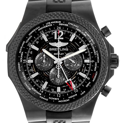 The Breitling Bentley M4736225/BC76 Men's Stainless Steel Black Dial M4736225/BC76 Men's Stainless Steel Black Dial watch is shown from a front angle highlighting the dial, subdials, and bezel.