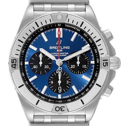 The image shows a front view of the Breitling Chronomat AB0134101C1A1 Men's Stainless Steel Blue Dial AB0134101C1A1 Men's Stainless Steel Blue Dial watch, highlighting its blue dial, chronograph subdials, and stainless steel bezel.