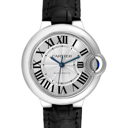 This is a front view of the Ballon Bleu by Cartier, showing the round face, Roman numerals, and black leather strap.