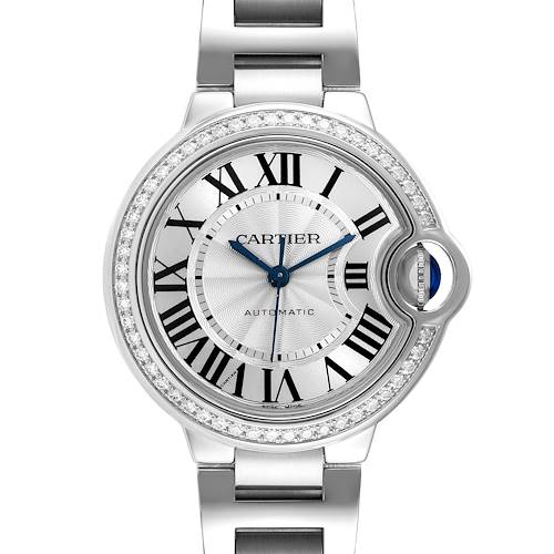 The image shows a front view of a Cartier Ballon Bleu W4BB0016 Women's Stainless Steel Silver Dial W4BB0016 Women's Stainless Steel Silver Dial watch featuring Roman numerals, a diamond-encrusted bezel, and stainless steel bracelet.
