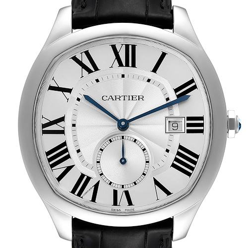 The image shows a frontal view of the Drive de Cartier watch by Cartier, displaying its dial, hands, and part of the leather strap.