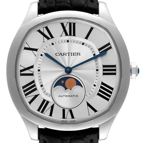 The image shows a front view of the Drive de Cartier watch by Cartier, highlighting the dial, hands, and moonphase complication.