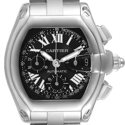 The image shows a close-up frontal view of the Cartier Roadster W62007X6 Men's Stainless Steel Black Dial W62007X6 Men's Stainless Steel Black Dial watch, highlighting its dial, bezel, and crown.