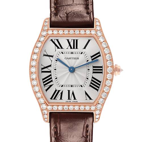 The Cartier Tortue WJTO0009 Women's Rose Gold Silver Dial WJTO0009 Women's Rose Gold Silver Dial watch is shown from the front, displaying its diamond-encrusted bezel and brown leather strap.