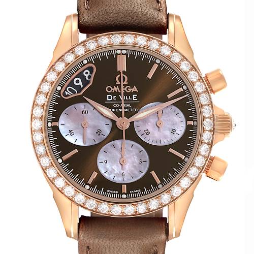 The Omega 422.58.35.50.13.001 Women's Rose Gold Brown Dial 422.58.35.50.13.001 Women's Rose Gold Brown Dial DeVille Co-Axial Rose Gold Diamond Ladies Watch is shown from the front, highlighting its diamond bezel and brown strap.