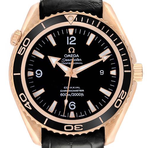 The Omega Planet Ocean 222.63.46.20.01.001 Men's Rose Gold Black Dial 222.63.46.20.01.001 Men's Rose Gold Black Dial watch is shown from a front angle, highlighting its dial, bezel, and case.