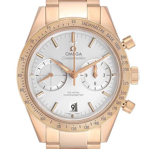 This image shows a front view of the Omega Speedmaster 331.50.42.51.02.002 Men's Rose Gold Silver Dial 331.50.42.51.02.002 Men's Rose Gold Silver Dial watch, highlighting the dial, subdials, hands, and tachymeter scale.