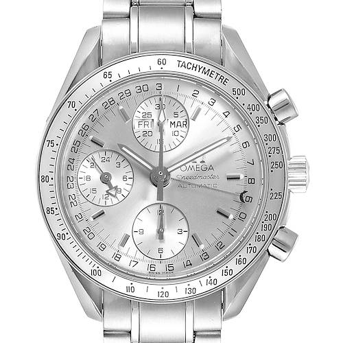 This image shows a frontal view of an Omega Speedmaster 3523.30.00 Men's Stainless Steel Silver Dial 3523.30.00 Men's Stainless Steel Silver Dial watch, highlighting the tachymeter, sub-dials, and the date and day display.