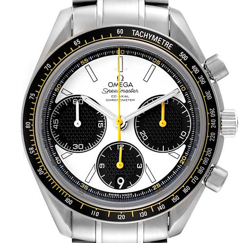 Front view of an Omega Speedmaster 326.30.40.50.04.001 Men's Stainless Steel White Dial 326.30.40.50.04.001 Men's Stainless Steel White Dial watch, showcasing its face, bezel, crown, and chronograph subdials.
