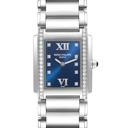 The image shows a front view of the Patek Philippe Twenty-4 4910/10A-012 Women's Stainless Steel Blue Dial 4910/10A-012 Women's Stainless Steel Blue Dial watch, highlighting its blue dial, Roman numerals, and diamond accents.
