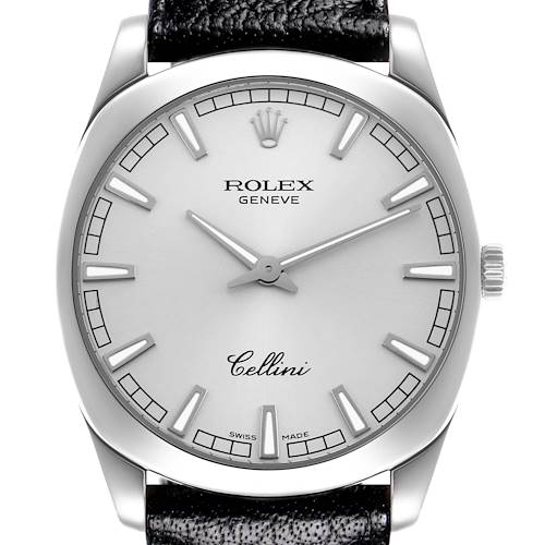 The image shows a Rolex Cellini 4243/9 Men's White Gold Silver Dial 4243/9 Men's White Gold Silver Dial watch from a front angle, displaying the dial, hands, crown, and part of the leather strap.
