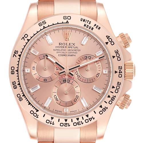 This image shows the face of a Rolex Daytona 116505 Men's Rose Gold Pink Dial 116505 Men's Rose Gold Pink Dial watch, displaying its dial, subdials, bezel, and crown from a frontal angle.