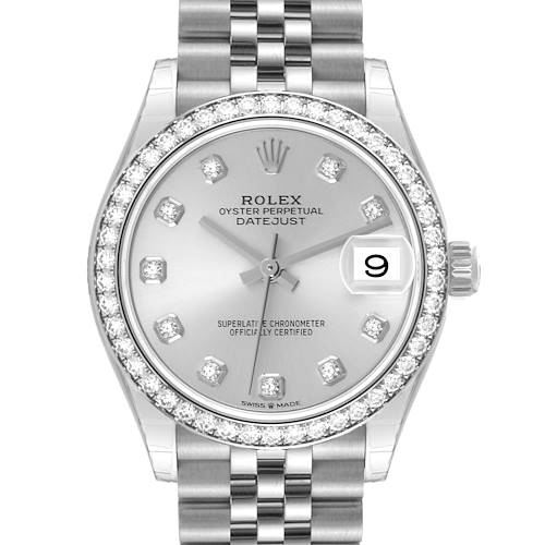 The image shows a frontal view of the Rolex Mid-Size 278384RBR Women's Stainless Steel Silver Dial 278384RBR Women's Stainless Steel Silver Dial Oyster Perpetual Datejust watch, displaying the face, hands, date window, and part of the bracelet.