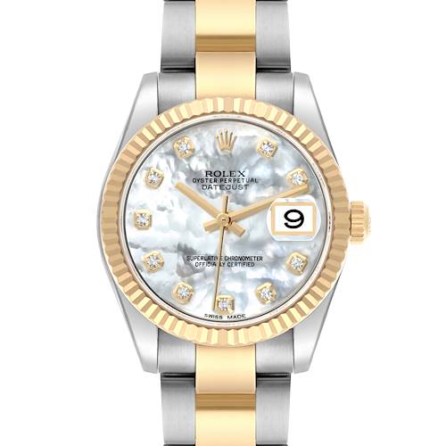 The Rolex Mid-Size 178273 Women's Steel and Gold (two tone) Mother of Pearl Dial 178273 Women's Steel and Gold (two tone) Mother of Pearl Dial watch is shown from the front, featuring a gold and silver bracelet, a diamond-accented mother-of-pearl dial, and a date window.