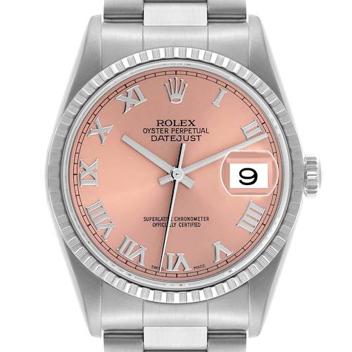 The Rolex Datejust 16220 Men's Stainless Steel Pink Dial 16220 Men's Stainless Steel Pink Dial is shown from a front angle, displaying the dial, hour markers, hands, bezel, and bracelet.