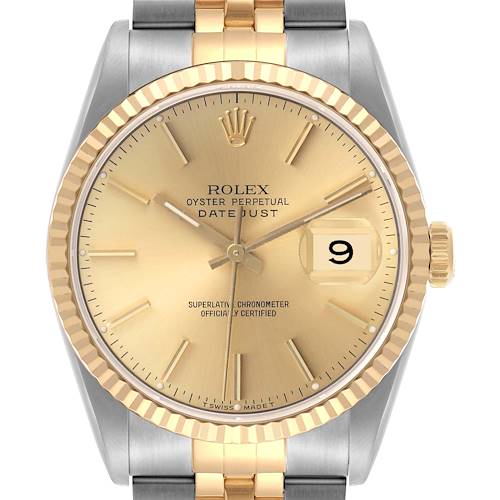 The image shows a Rolex Datejust 16233 Men's Steel and Gold (two tone) Champagne Dial 16233 Men's Steel and Gold (two tone) Champagne Dial watch from a front angle, highlighting the dial, bezel, crown, and part of the bracelet.