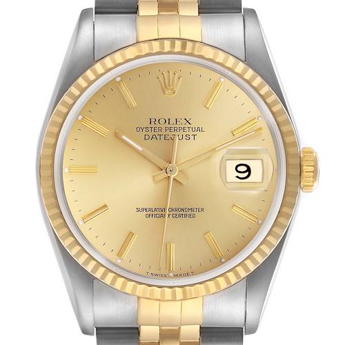 The Rolex Datejust 16233 Men's Steel and Gold (two tone) Champagne Dial 16233 Men's Steel and Gold (two tone) Champagne Dial watch is shown from a direct, frontal angle, highlighting its dial, bezel, and part of the bracelet.