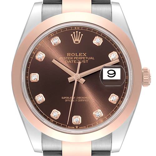 This image shows the front view of a Rolex Datejust 41 126301 Men's Steel and Gold (two tone) Brown Dial 126301 Men's Steel and Gold (two tone) Brown Dial watch, highlighting its chocolate dial, diamond hour markers, and date window at 3 o'clock.