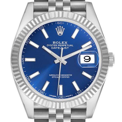 The Rolex Datejust 41 126334 Men's Stainless Steel Blue Dial 126334 Men's Stainless Steel Blue Dial is shown from a front angle, highlighting its blue dial, bezel, hands, and part of the bracelet.