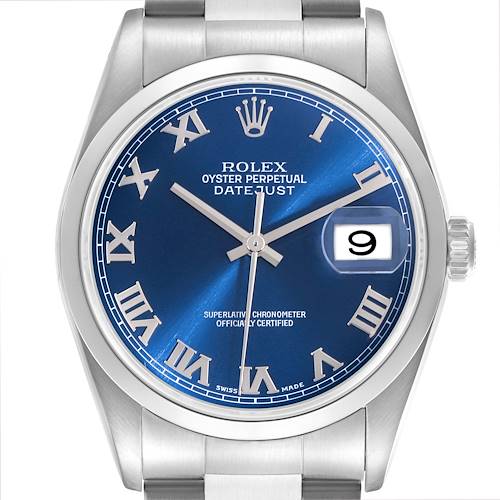 The Rolex Datejust 16200 Men's Stainless Steel Blue Dial 16200 Men's Stainless Steel Blue Dial watch is shown from a frontal angle, highlighting its blue dial, Roman numeral markers, and date window.